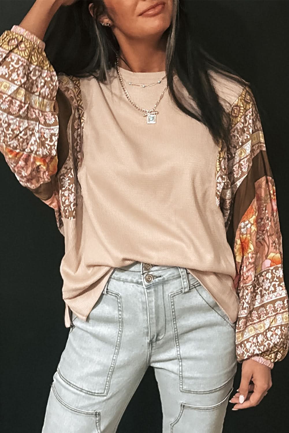 Parchment Contrast Floral Patchwork Puff Sleeve Waffle Knit Top - Love Salve